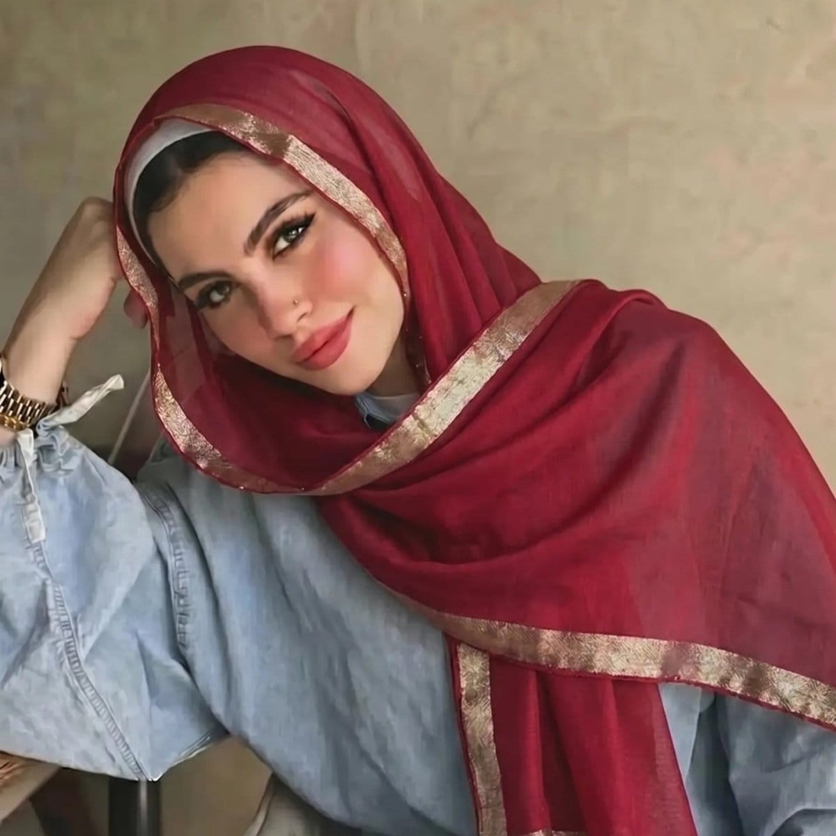 Pearl Beaded Gold Border Chiffon Hijab Shawl(MH236) - A-1 Thread Vault