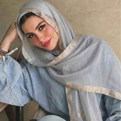 Pearl Beaded Gold Border Chiffon Hijab Shawl(MH236) - A-1 Thread Vault