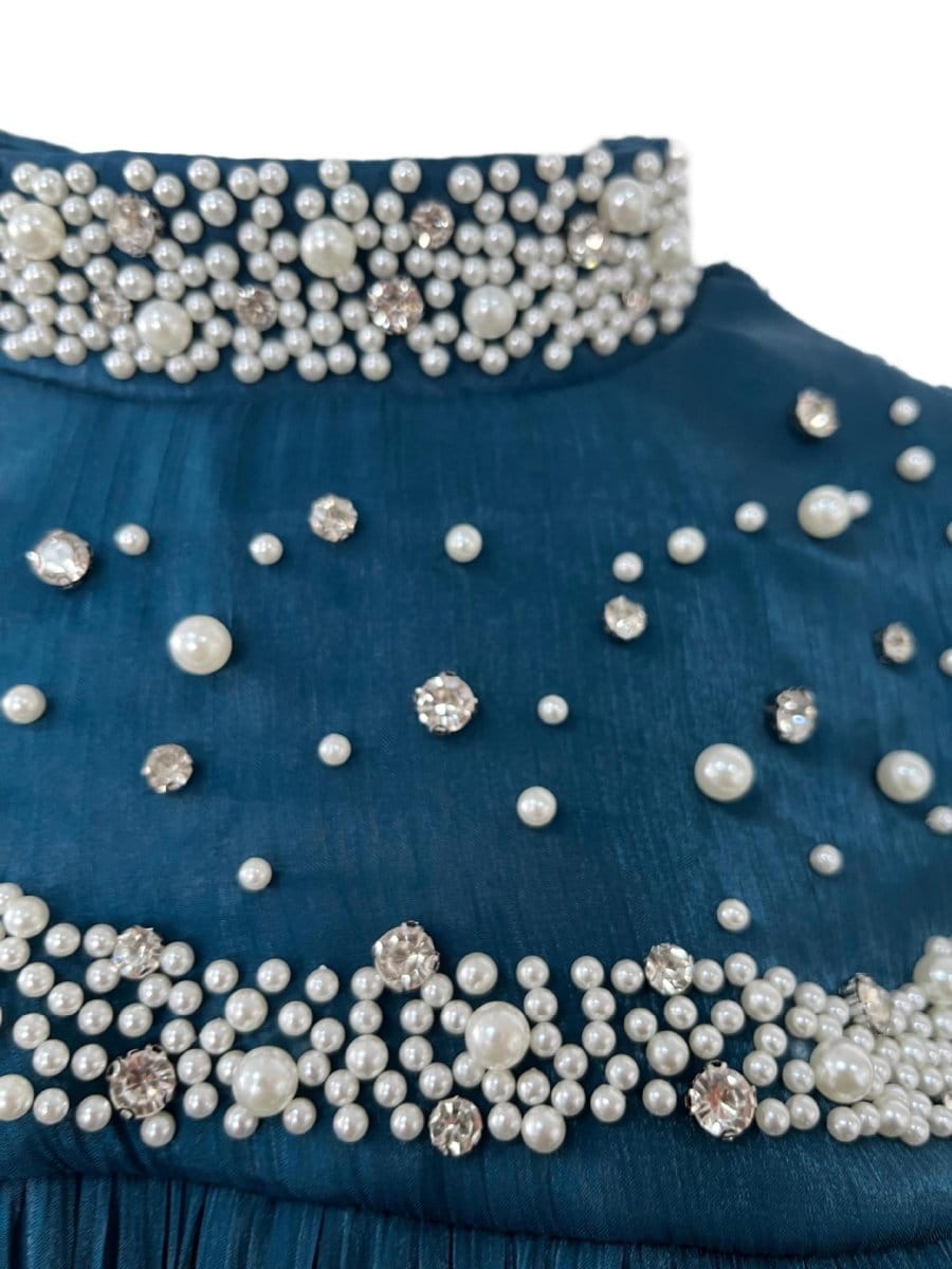 Pearl & Crystal Beaded Pleated Chiffon Maxi Gown(MA441) - A-1 Thread Vault