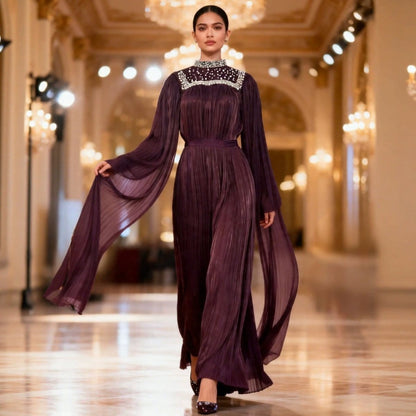 Pearl & Crystal Beaded Pleated Chiffon Maxi Gown(MA441) - A-1 Thread Vault