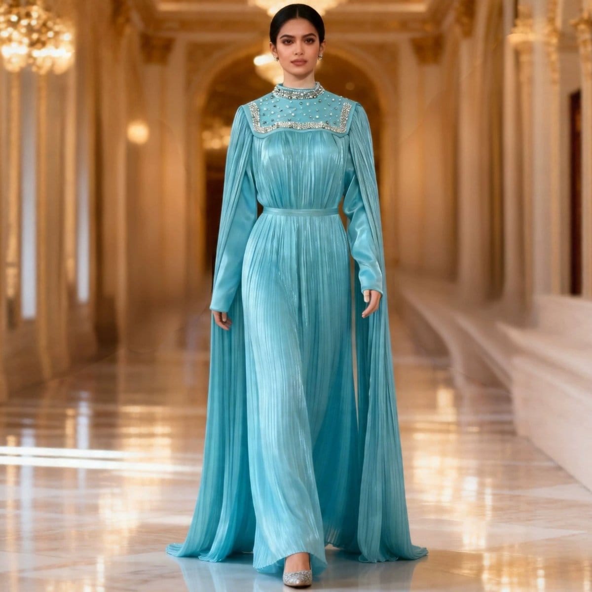 Pearl & Crystal Beaded Pleated Chiffon Maxi Gown(MA441) - A-1 Thread Vault