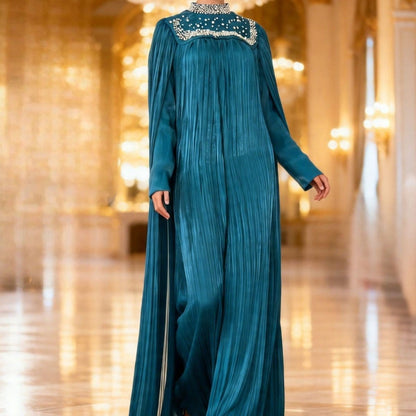 Pearl & Crystal Beaded Pleated Chiffon Maxi Gown(MA441) - A-1 Thread Vault