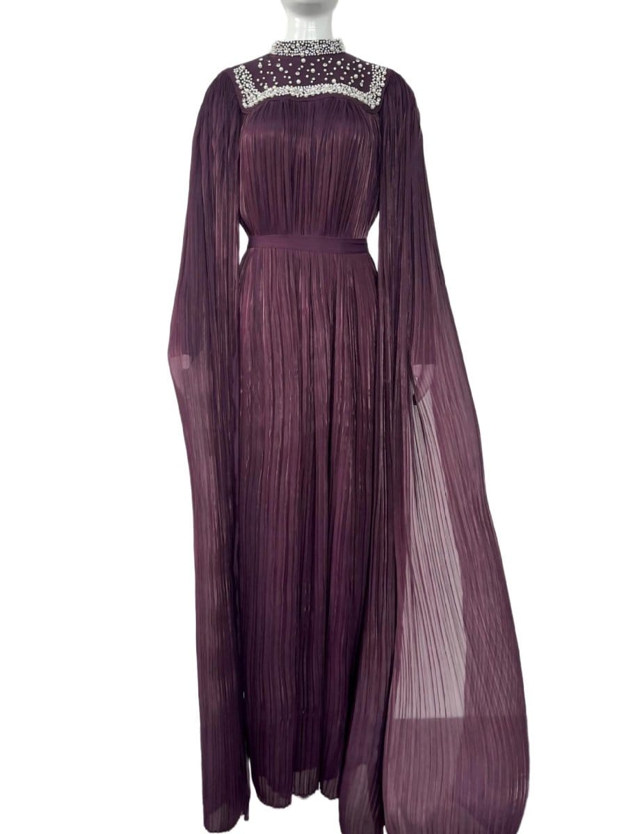 Pearl & Crystal Beaded Pleated Chiffon Maxi Gown(MA441) - A-1 Thread Vault
