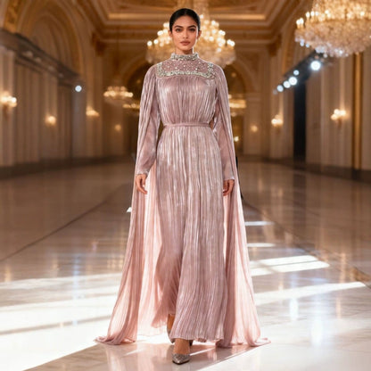 Pearl & Crystal Beaded Pleated Chiffon Maxi Gown(MA441) - A-1 Thread Vault
