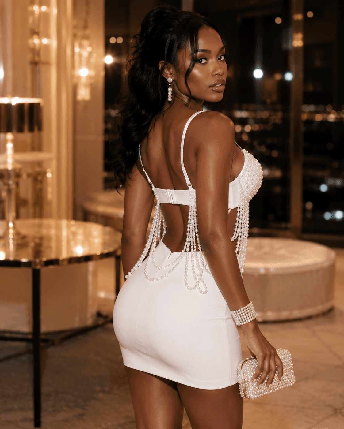 Pearl-Effect Beaded Fringe Bustier Crop Top - A-1 Thread Vault