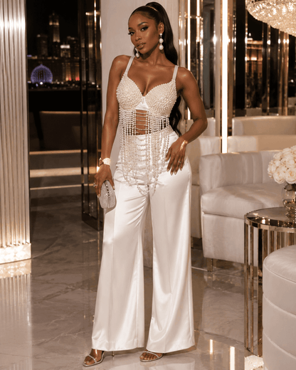 Pearl-Effect Beaded Fringe Bustier Crop Top - A-1 Thread Vault