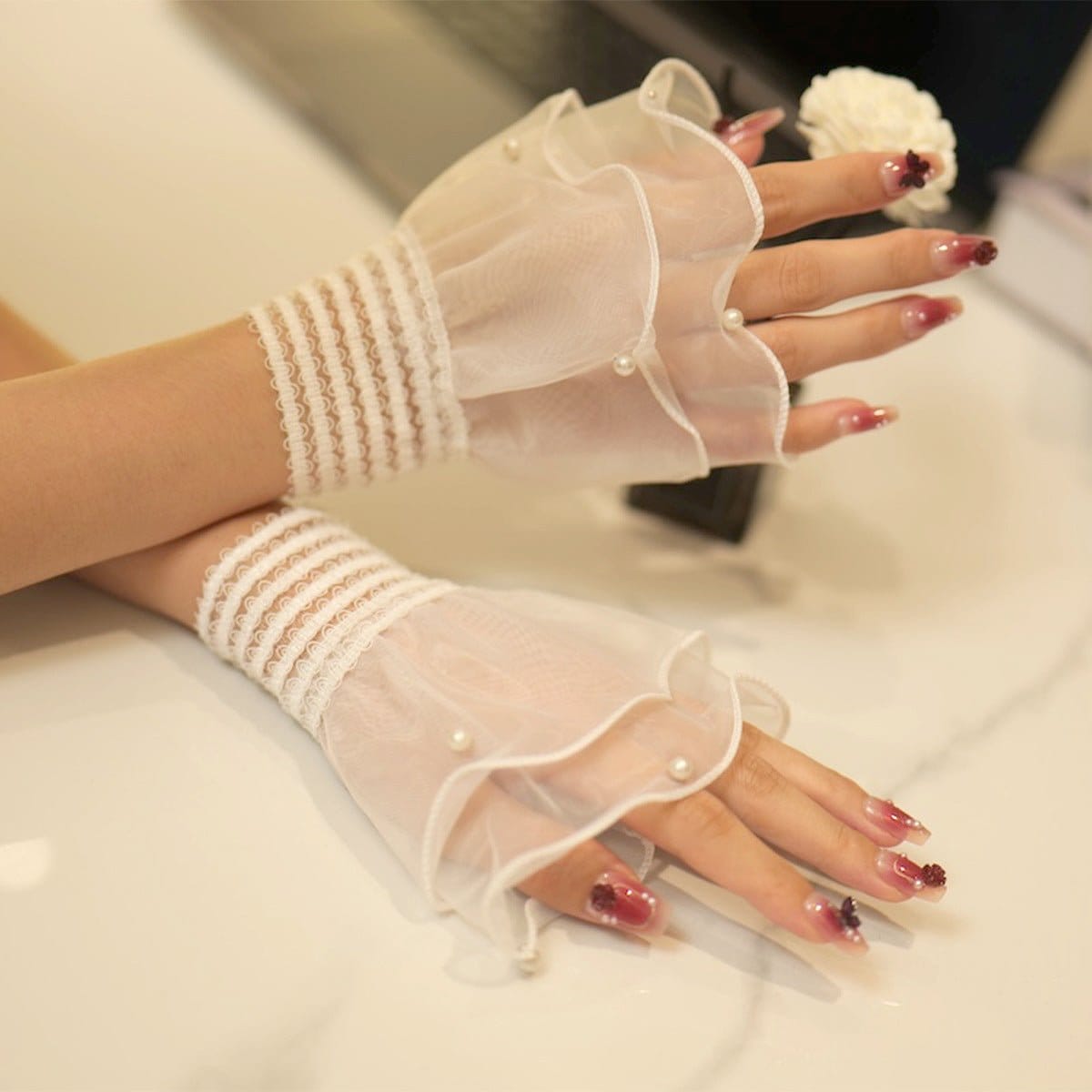 Pearl Trim Organza Ruffle Cuff Sleeves (MAC424) - A-1 Thread Vault