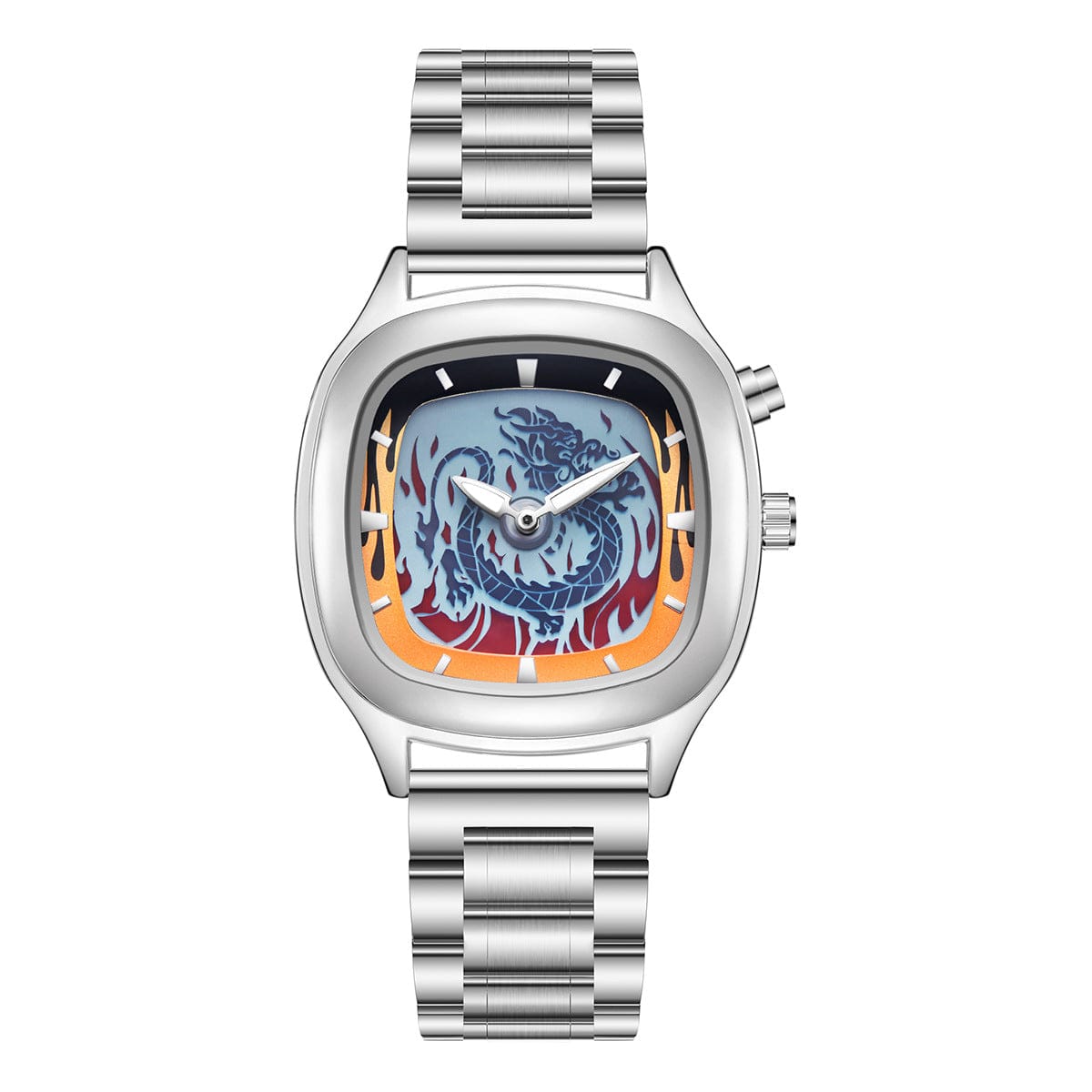 A silver-toned analog wristwatch with a square, rounded-corner case features a dark dial decorated with a blue dragon graphic surrounded by orange flames on a metal link bracelet.