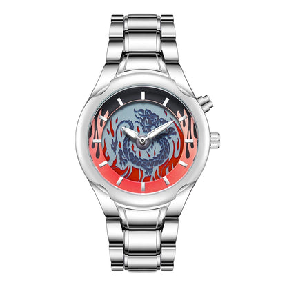 A silver-toned analog wristwatch with a metallic link band and a round face featuring a stylized blue dragon surrounded by red flame designs on a dark background.