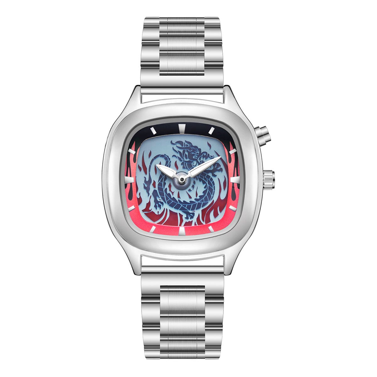 A silver-toned stainless steel watch with a rounded square case and a blue dragon motif on a red flame-patterned dial, featuring a metallic link bracelet.