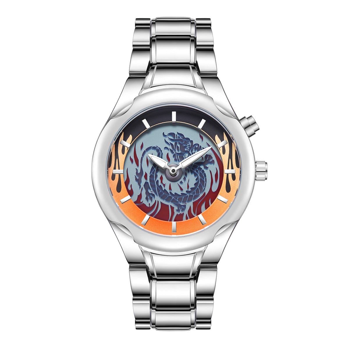 A silver-toned analog wristwatch features a round face decorated with an embossed dragon design surrounded by an orange and black gradient border and a metallic link bracelet.