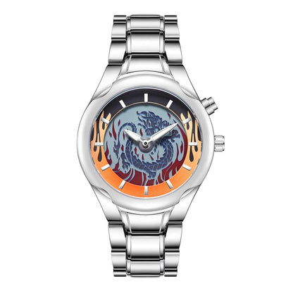 A silver-toned analog wristwatch features a round face decorated with an embossed dragon design surrounded by an orange and black gradient border and a metallic link bracelet.