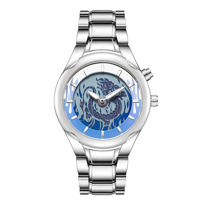 A silver-toned analog wristwatch with a blue circular dial featuring a prominent dragon illustration, set against a polished metal case and link bracelet.