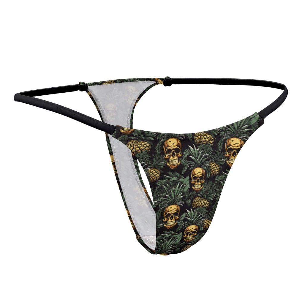 A thong with a pineapple and skull graphic print pattern, featuring a black waistband and trim set against a plain white background.