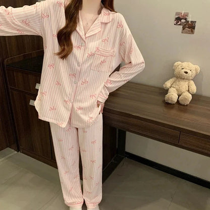 Pink Bow Tie Design Pajamas for Women Long Sleeve Top & Elastic Waist Pants Pajamas Set Harajuku Style Casual New Home Wear - A-1 Thread Vault