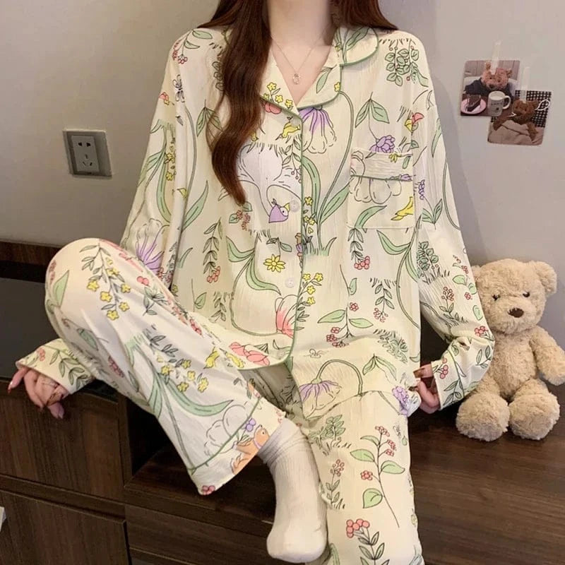 Pink Bow Tie Design Pajamas for Women Long Sleeve Top & Elastic Waist Pants Pajamas Set Harajuku Style Casual New Home Wear - A-1 Thread Vault