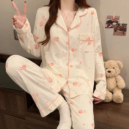 Pink Bow Tie Design Pajamas for Women Long Sleeve Top & Elastic Waist Pants Pajamas Set Harajuku Style Casual New Home Wear - A-1 Thread Vault