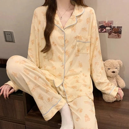Pink Bow Tie Design Pajamas for Women Long Sleeve Top & Elastic Waist Pants Pajamas Set Harajuku Style Casual New Home Wear - A-1 Thread Vault