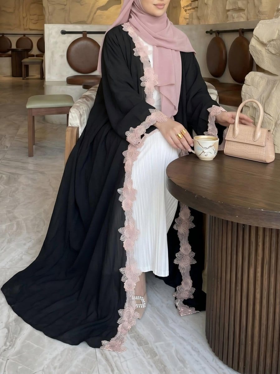 Pink Floral Lace-Trim Open Abaya(MOA333) - A-1 Thread Vault