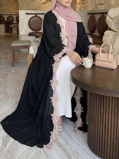 Pink Floral Lace-Trim Open Abaya(MOA333) - A-1 Thread Vault