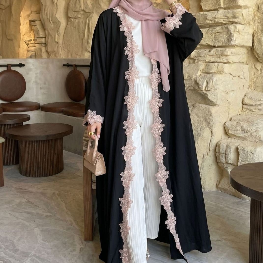 Pink Floral Lace-Trim Open Abaya(MOA333) - A-1 Thread Vault