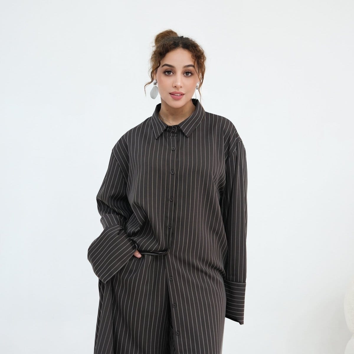 Pinstripe Oversized Shirt & Wide-Leg Trouser Set(MS452) - A-1 Thread Vault