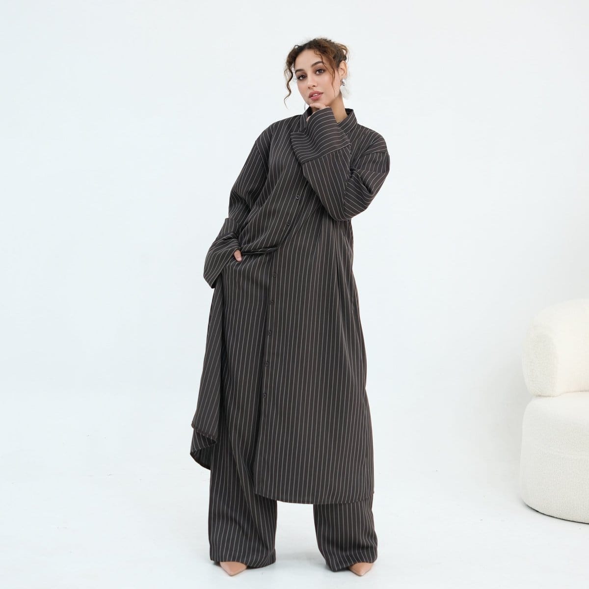 Pinstripe Oversized Shirt & Wide-Leg Trouser Set(MS452) - A-1 Thread Vault