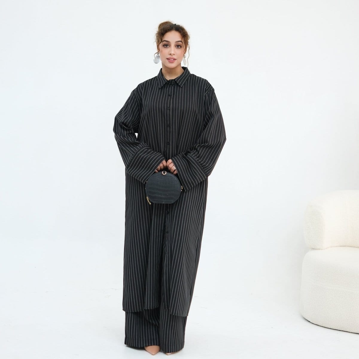 Pinstripe Oversized Shirt & Wide-Leg Trouser Set(MS452) - A-1 Thread Vault