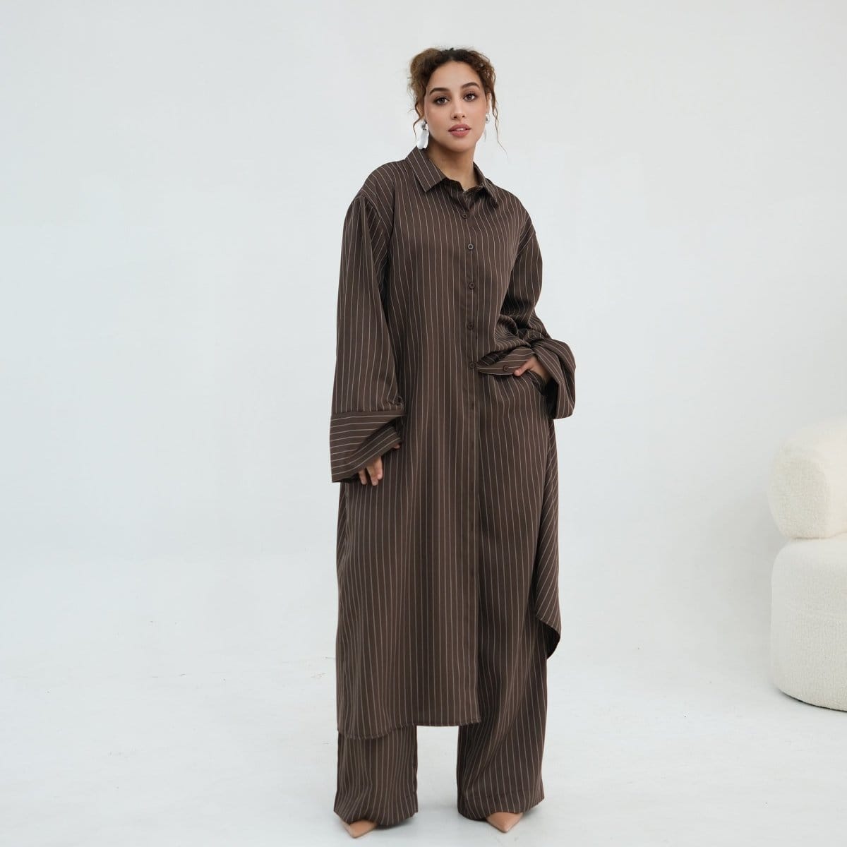 Pinstripe Oversized Shirt & Wide-Leg Trouser Set(MS452) - A-1 Thread Vault