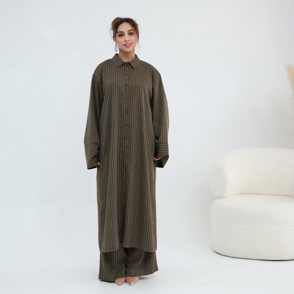 Pinstripe Oversized Shirt & Wide-Leg Trouser Set(MS452) - A-1 Thread Vault