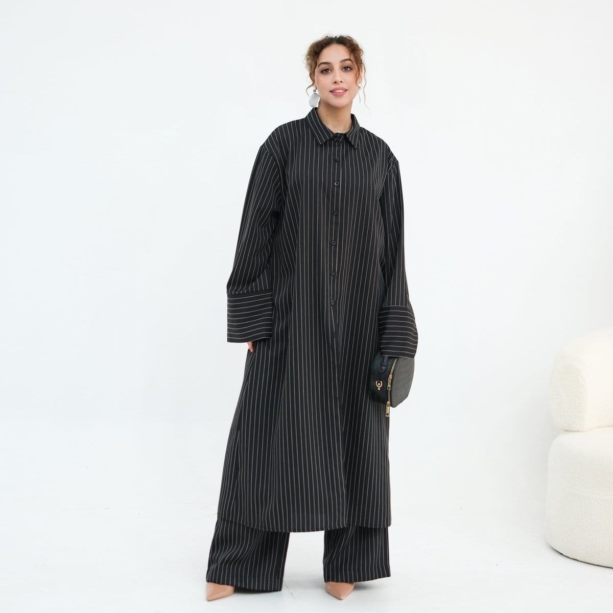 Pinstripe Oversized Shirt & Wide-Leg Trouser Set(MS452) - A-1 Thread Vault