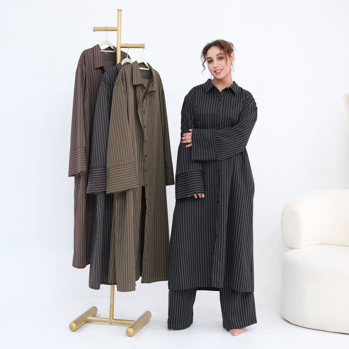 Pinstripe Oversized Shirt & Wide-Leg Trouser Set(MS452) - A-1 Thread Vault