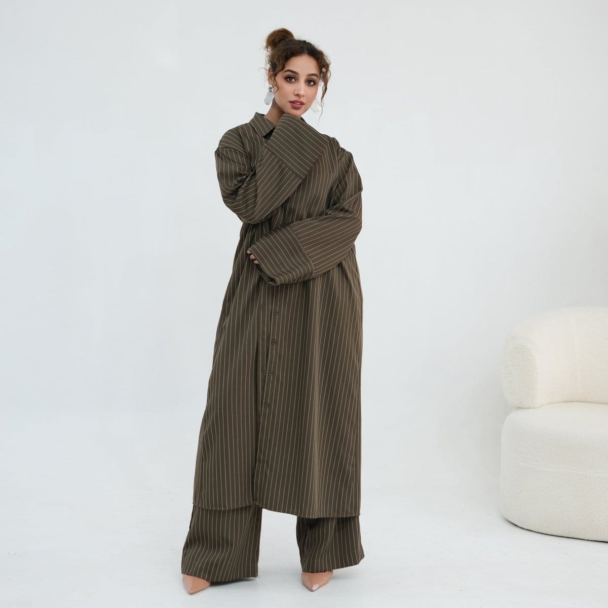 Pinstripe Oversized Shirt & Wide-Leg Trouser Set(MS452) - A-1 Thread Vault