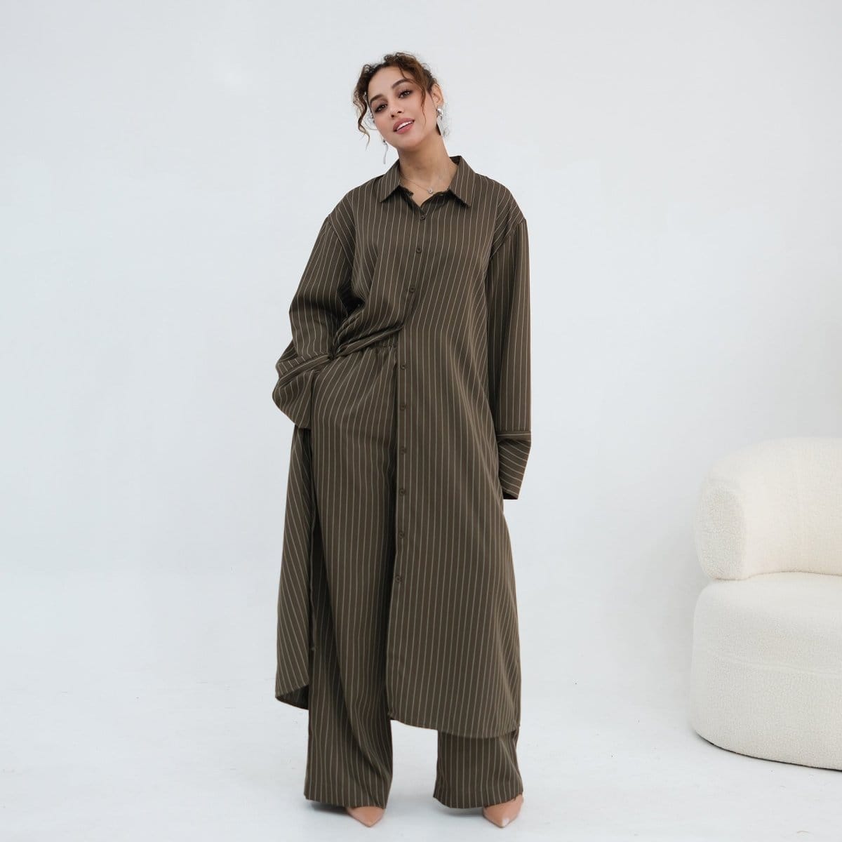 Pinstripe Oversized Shirt & Wide-Leg Trouser Set(MS452) - A-1 Thread Vault