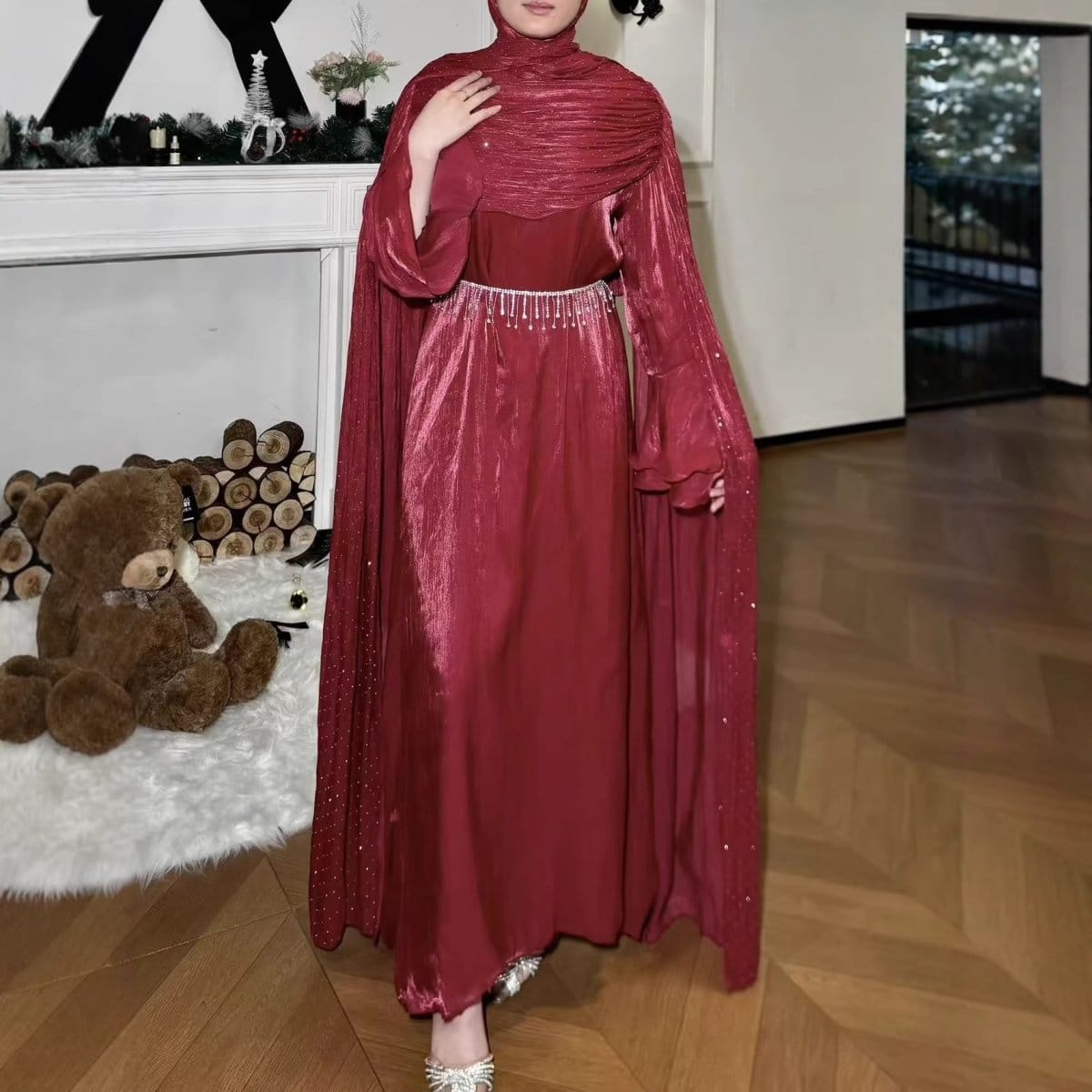 Pleated Cape Sleeve Abaya Maxi Dress(MA430) - A-1 Thread Vault