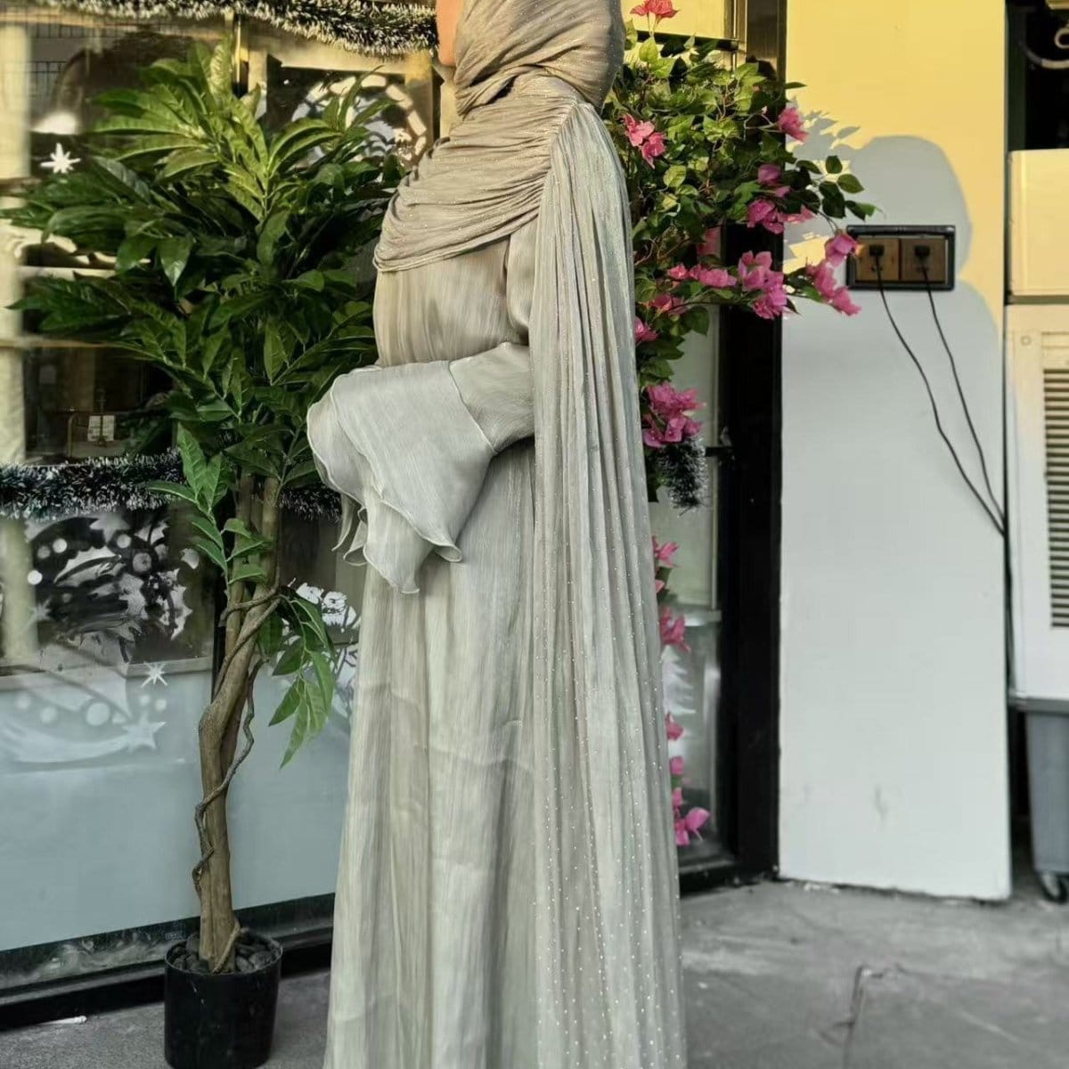 Pleated Cape Sleeve Abaya Maxi Dress(MA430) - A-1 Thread Vault