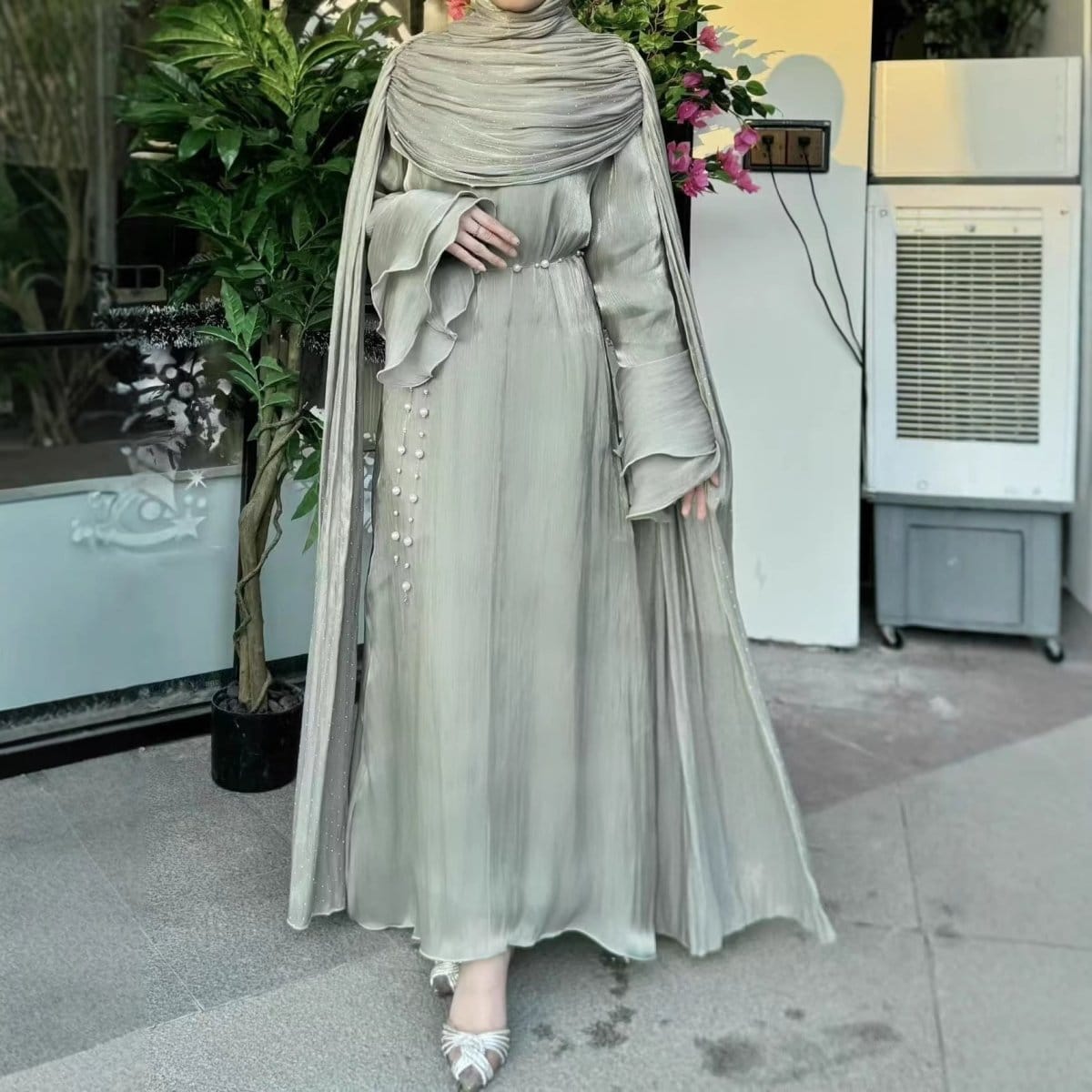 Pleated Cape Sleeve Abaya Maxi Dress(MA430) - A-1 Thread Vault