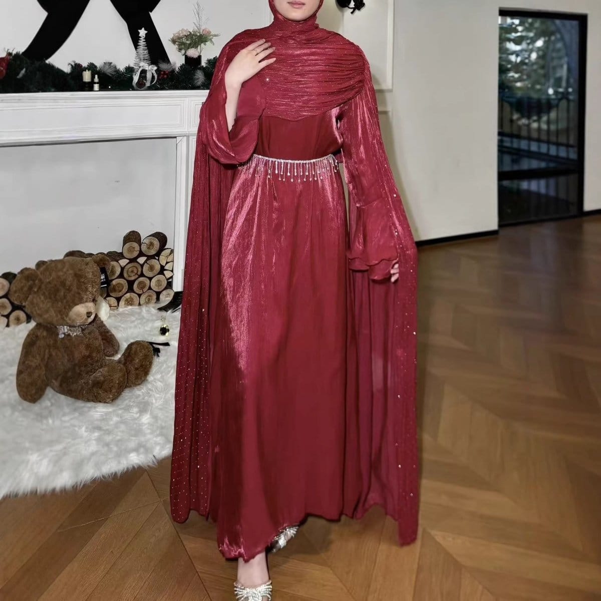 Pleated Cape Sleeve Abaya Maxi Dress(MA430) - A-1 Thread Vault