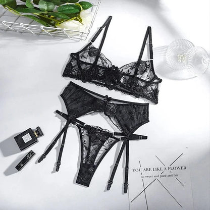 Plus Size 3XL Underwear Set Embroidery Underwire Garter Lingerie Set 3-Piece Bralette Lace Push Up Sensual Lingerie Woman - A-1 Thread Vault