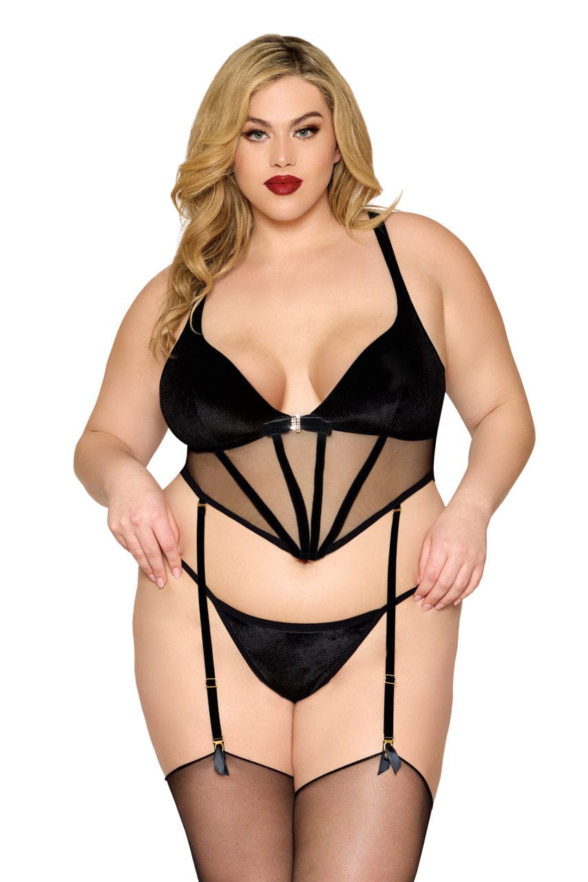 Plus Size Black Velvet Bustier Set - A-1 Thread Vault