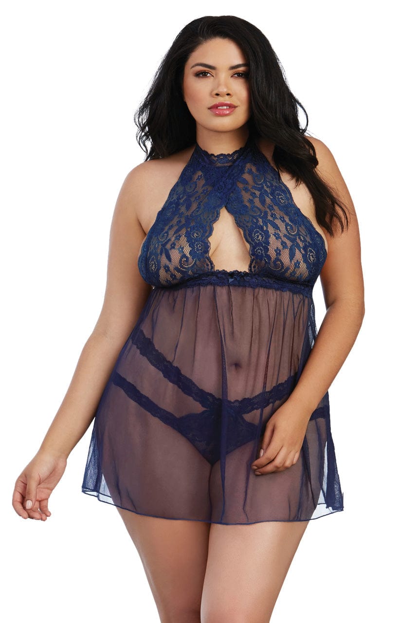 Plus Size Mesh and Lace Halter Babydoll - A-1 Thread Vault