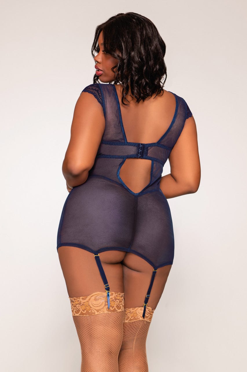 Plus Size Patterned Navy Garter Chemise - A-1 Thread Vault