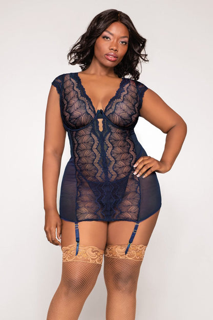 Plus Size Patterned Navy Garter Chemise - A-1 Thread Vault