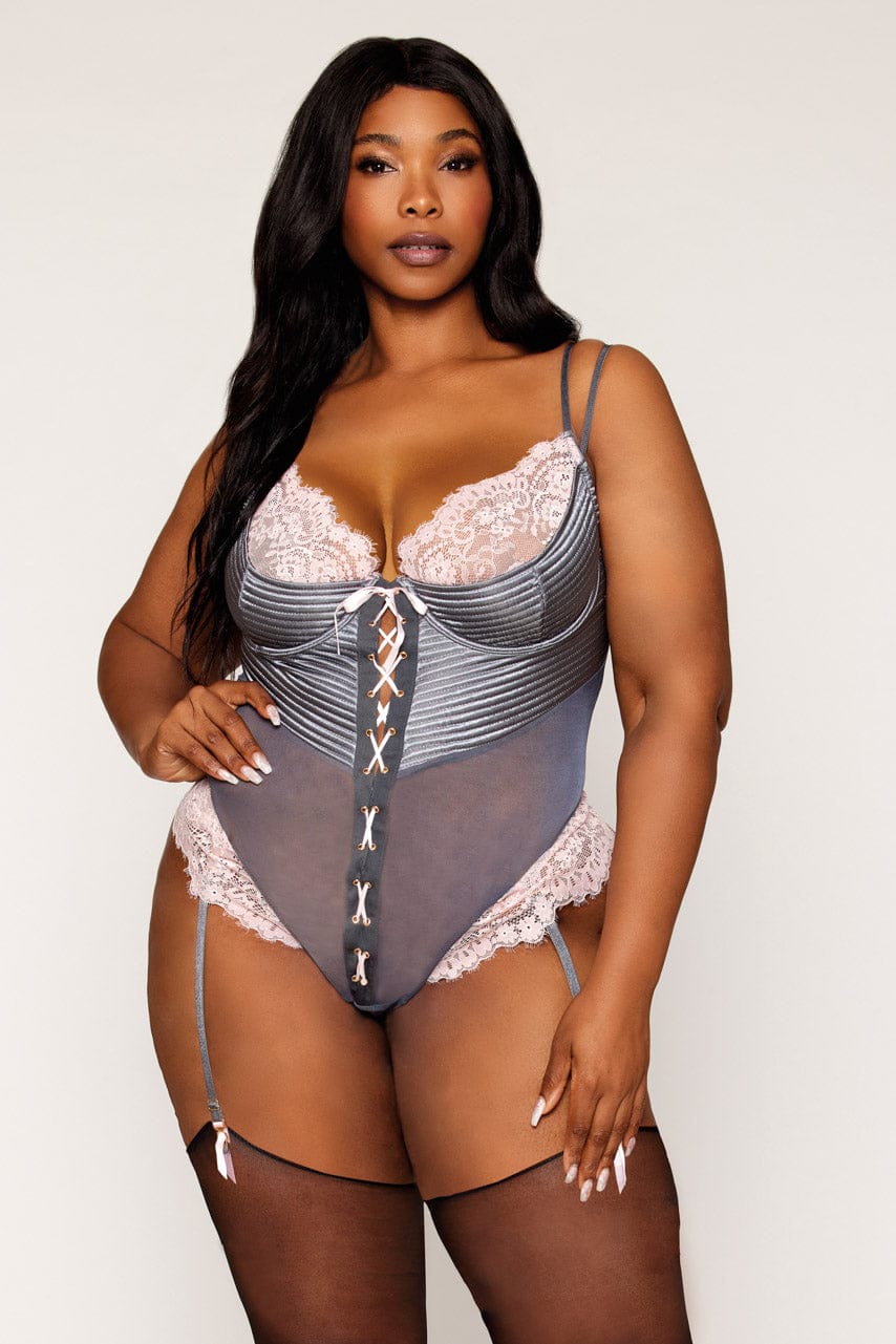Plus Size Silver Lace Up Teddy with Lace - A-1 Thread Vault