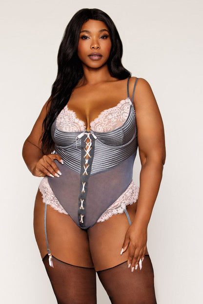 Plus Size Silver Lace Up Teddy with Lace - A-1 Thread Vault