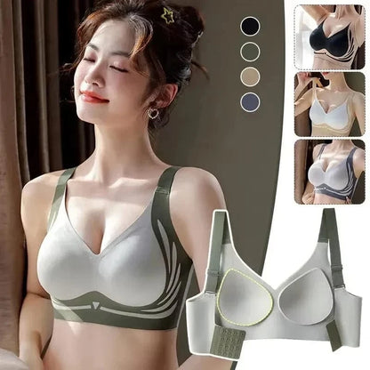A woman wearing a two-tone sage green and white wire-free bra with wide straps, shown alongside inset images of the same bra in black, white, and grey colorways and a separate view of the padded interior.