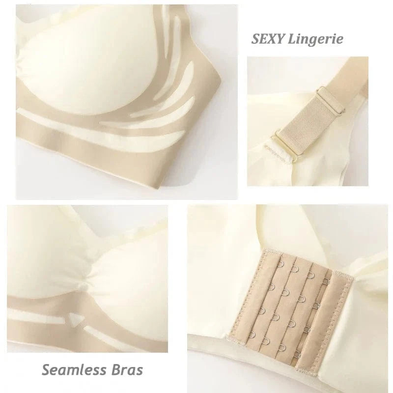 A beige seamless bra shown in four detail shots, featuring adjustable shoulder straps, padded cups with subtle detailing, and a multi-hook back closure.