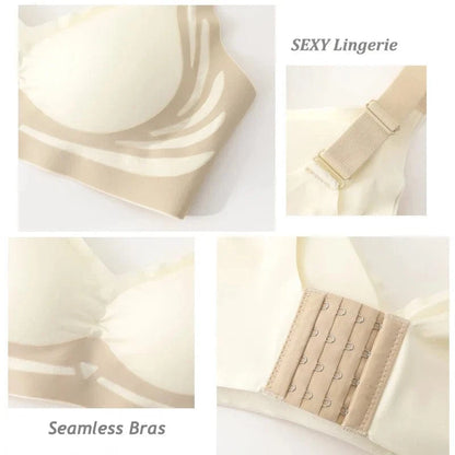 A beige seamless bra shown in four detail shots, featuring adjustable shoulder straps, padded cups with subtle detailing, and a multi-hook back closure.