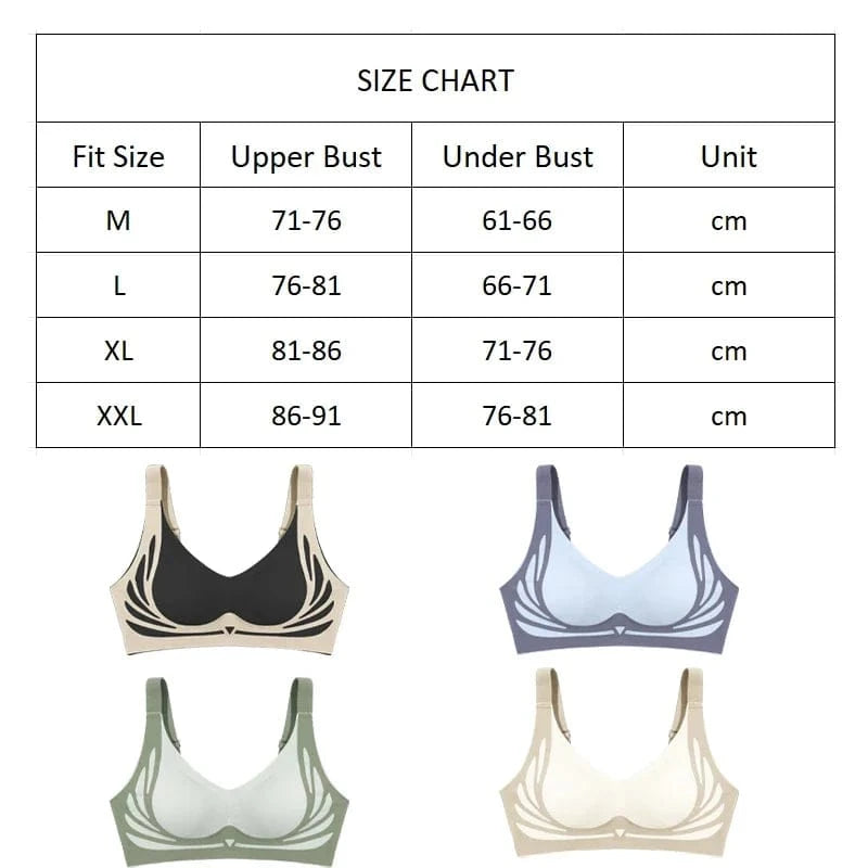 A size chart table displaying upper and under bust measurements in centimeters for sizes M through XXL, positioned above four bras in black, blue, green, and beige featuring a decorative leaf-like pattern on the lower band.