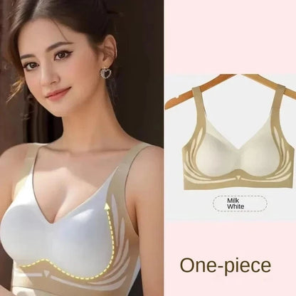 A milk white seamless bra featuring a contoured, molded cup design with decorative tan patterned accents along the sides and straps.